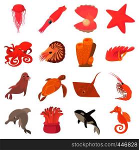 Ocean animals fauna icons set. Cartoon illustration of 16 ocean animals fauna vector icons for web. Ocean animals fauna icons set, cartoon style