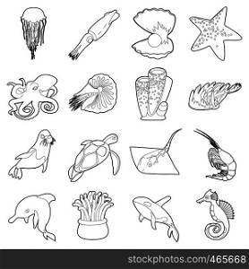 Ocean animals fauna icons set. Outline illustration of 16 ocean animals fauna vector icons for web. Ocean animals fauna icons set, outline style