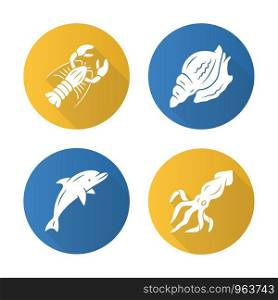 Ocean animals flat design long shadow glyph icons set. Dolphin, squid, lobster, triton. Underwater world inhabitants. Swimming fish. Sea fauna. Seafood restaurant menu. Vector silhouette illustration