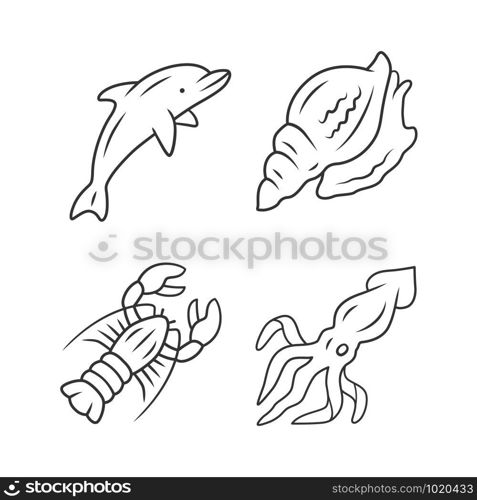 Ocean animals linear icons set. Dolphin, squid, lobster, triton. Underwater inhabitant. Sea fauna. Aquatic creatures. Thin line contour symbols. Isolated vector outline illustrations. Editable stroke