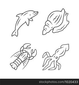 Ocean animals linear icons set. Dolphin, squid, lobster, triton. Underwater inhabitant. Sea fauna. Aquatic creatures. Thin line contour symbols. Isolated vector outline illustrations. Editable stroke