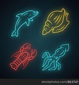 Ocean animals neon light icons set. Dolphin, squid, triton. Underwater world inhabitants. Swimming fish. Sea fauna. Seafood restaurant. Aquatic creatures. Glowing signs. Vector isolated illustrations