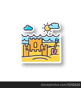 Ocean beach patch. RGB color printable sticker. Marine shore. Sand castle. Maritime family vacation. Trip to exotic country. Vector isolated illustration