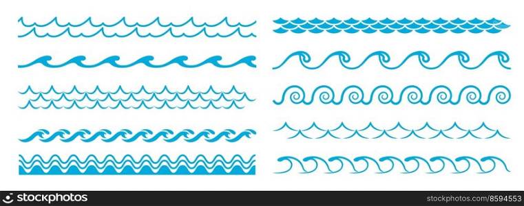 Ocean blue wave line, water pattern borders and frames. Vector sea wave dividers with wavy ornaments of stormy water, nautical frame lines of summer beach surf curves and swirls, page embellishments. Ocean blue wave line, water pattern border, frame