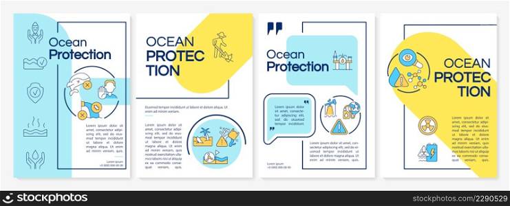 Ocean conservation blue and yellow brochure template. Protecting marine areas. Leaflet design with linear icons. 4 vector layouts for presentation, annual reports. Questrial, Lato-Regular fonts used. Ocean conservation blue and yellow brochure template