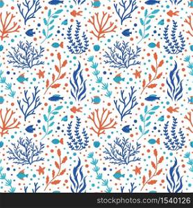 Ocean coral pattern. Underwater doodle seamless pattern, marine ocean tropical reef flora, corals and shells vector background illustration. Seamless pattern ocean, sea underwater wallpaper. Ocean coral pattern. Underwater doodle seamless pattern, marine ocean tropical reef flora, corals and shells vector background illustration