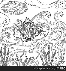 Ocean fish coloring. Fashion pictures of water sea or ocean animals vector drawings for adults books. Fish in sea, book coloring sketch illustration. Ocean fish coloring. Fashion pictures of water sea or ocean animals vector drawings for adults books