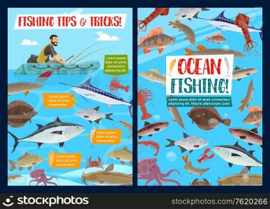 Ocean fishing outdoor adventure and fisher big catch. Vector fisher man in paddle boat with fishing rod, seafood octopus or squid and shrimp, marlin or tuna and pike, lobster and sheatfish or trout. Fishing in sea, fisher man seafood and fish catch