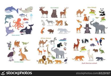 Ocean, Forest, Asian, Australian, African, Animals. Ocean animals. Forest animals. Asian animals. Australian animals. African animals. South american animals. Set of vector cartoon creatures from doffernt continents. Illustrations in flat style