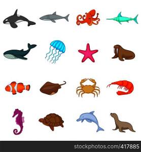 Ocean inhabitants icons set. Cartoon illustration of 16 ocean inhabitants vector icons for web. Ocean inhabitants icons set, cartoon style