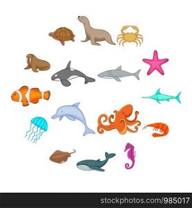 Ocean inhabitants icons set. Cartoon illustration of 16 ocean inhabitants vector icons for web. Ocean inhabitants icons set, cartoon style
