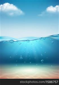 Ocean landscape realistic. Underwater flowing transparent water bubbles splashes light sunrise marine surface vector nature background with clouds. Ocean landscape realistic. Underwater flowing transparent water bubbles splashes light sunrise marine surface vector nature background
