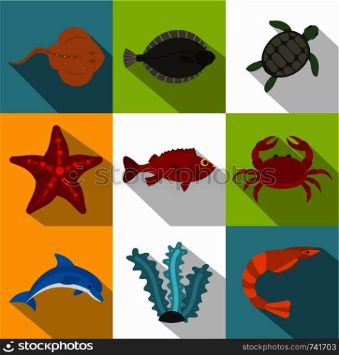 Ocean life icon set. Flat style set of 9 ocean life vector icons for web design. Ocean life icon set, flat style
