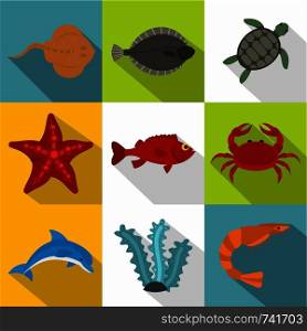 Ocean life icon set. Flat style set of 9 ocean life vector icons for web design. Ocean life icon set, flat style