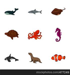 Ocean life icons set. Cartoon set of 9 ocean life vector icons for web isolated on white background. Ocean life icons set, cartoon style