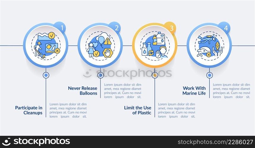 Ocean life protection circle infographic template. Never release balloons. Data visualization with 4 steps. Process timeline info chart. Workflow layout with line icons. Lato-Bold, Regular fonts used. Ocean life protection circle infographic template