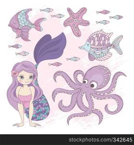 OCEAN Mermaid Princess Summer Cruise Vector Illustration Set