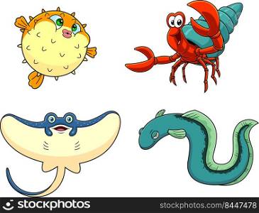 Ocean Or Sea Animals Cartoon Characters Different Poses. Vector Hand Drawn Collection Set Isolated On White Background