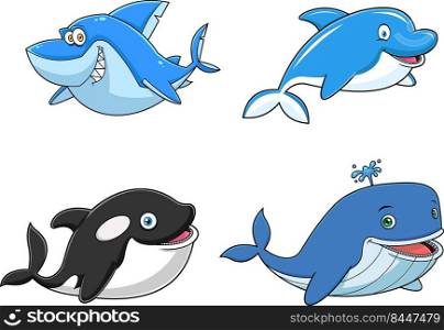 Ocean Or Sea Animals Cartoon Characters Different Poses. Vector Hand Drawn Collection Set Isolated On White Background