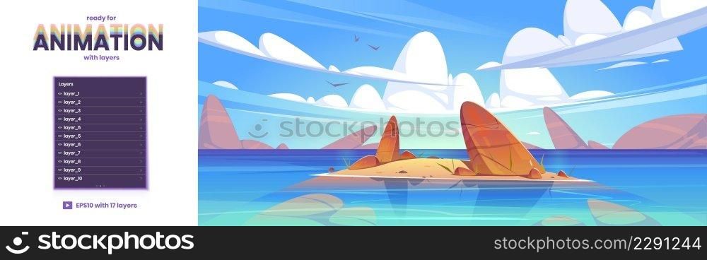 Ocean or sea nature landscape, parallax background with 2d separated layers ready for game animation. Shallow with rocks in clean water under clouds and gulls flying in sky Cartoon vector illustration. Ocean or sea nature landscape, parallax background