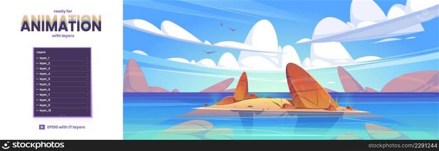 Ocean or sea nature landscape, parallax background with 2d separated layers ready for game animation. Shallow with rocks in clean water under clouds and gulls flying in sky Cartoon vector illustration. Ocean or sea nature landscape, parallax background