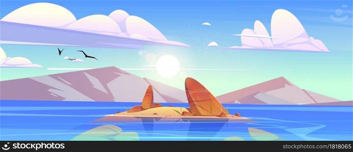 Ocean or sea nature landscape with shallow or land with rocks in clean water under fluffy clouds and gulls flying in sky. Morning or day time tranquil seascape background, Cartoon vector illustration. Ocean or sea nature landscape with shallow or land