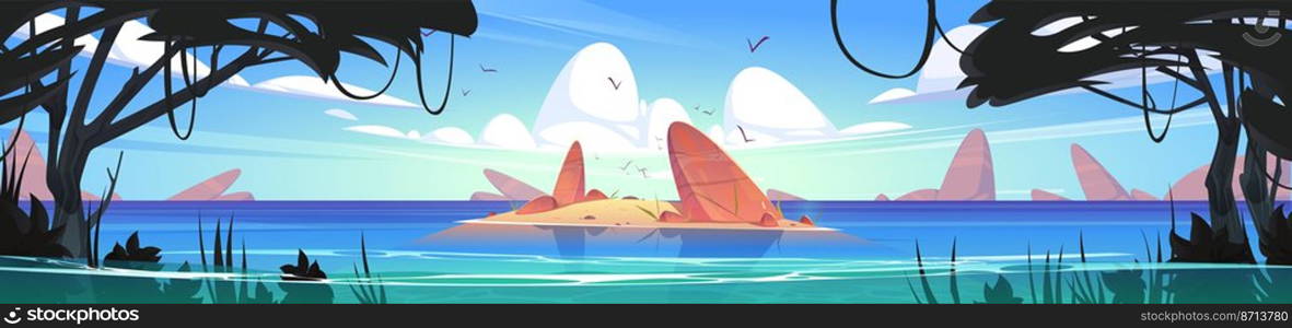 Ocean or sea nature landscape with shallow or land with rocks in clean water under fluffy clouds and gulls flying in sky and lianas on trees. Panoramic seascape background, Cartoon vector illustration. Ocean or sea nature landscape with shallow or land