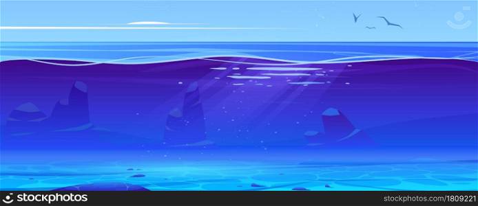 Ocean or sea underwater background cross section view. Sandy bottom, rocks and air bubbles floating at sunlight beams, gulls flying over the water surface, marine scene, Cartoon vector illustration. Ocean or sea underwater background cross section