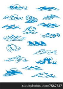 Ocean or sea waves, surf and splashes set curling and breaking in a pretty turquoise blue for marine and nautical themed concepts, vector illustration on white