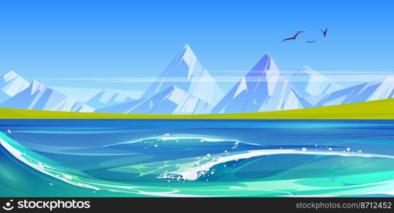 Ocean or sea waves with white foam, nature landscape with flying birds in blue sky, green field and rocks around water surface. Summer day tranquil seascape background, Cartoon vector illustration. Ocean or sea waves with foam nature landscape
