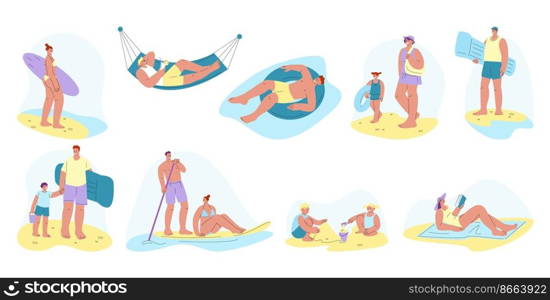 Ocean people vacation. Girl sea travel, summer family rest on pool. Man relax in hammock and swim on inflatable ring. Person sunbather, kicky vector characters sea vacation summer illustration. Ocean people vacation. Girl sea travel, summer family rest on pool. Man relax in hammock and swim on inflatable ring. Person sunbather, kicky vector characters