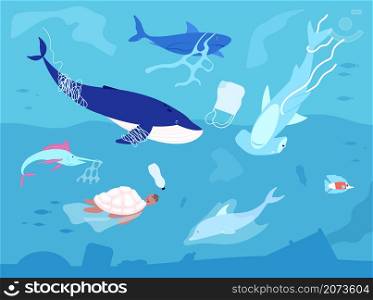 Ocean plastic pollution. Sea plastics, animal wildlife and water polluted. Marine animals with waste, ecology catastrophe vector. Illustration pollution plastic wildlife, ocean and marine underwater. Ocean plastic pollution. Sea plastics, animal wildlife and water polluted. Marine animals with waste, ecology catastrophe utter vector concept