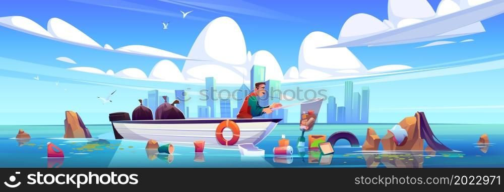 Ocean polluted water cleanup, man on wooden boat cleaning sea surface catch plastic garbage with skip at modern city skyline. Urban eco pollution, trash on dirty waterfront Cartoon vector illustration. Ocean polluted water cleanup, city eco pollution