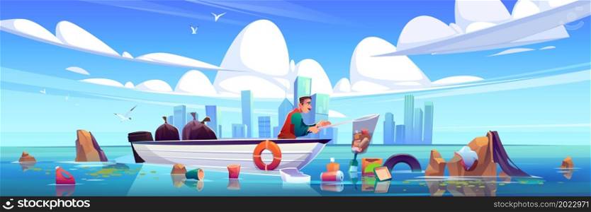 Ocean polluted water cleanup, man on wooden boat cleaning sea surface catch plastic garbage with skip at modern city skyline. Urban eco pollution, trash on dirty waterfront Cartoon vector illustration. Ocean polluted water cleanup, city eco pollution