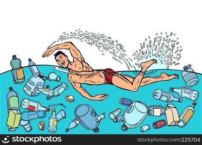 Ocean pollution by plastic trash. Ecology concept. man swimmer swims. Pop art retro vector illustration vintage kitsch. Ocean pollution by plastic trash. Ecology concept. man swimmer s