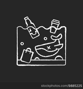 Ocean pollution chalk white icon on black background. Harmful chemicals in water bodies. Residential waste from big factories. Creating climate problems. Isolated vector chalkboard illustration. Ocean pollution chalk white icon on black background