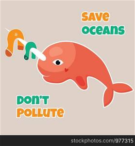 Ocean pollution problem. Eco poster Stop pollution with sad narwhal