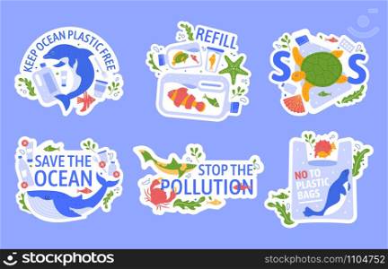Ocean pollution with plastic. Protecting marine wildlife, eco problem creative concept. Turtle, dolphin and blue whale stuck in plastic ecological vector illustration set. Water garbage, fauna threat. Ocean pollution with plastic. Protecting marine wildlife, eco problem creative concept. Turtle, dolphin and blue whale stuck in plastic ecological vector illustration set. Ecology slogans
