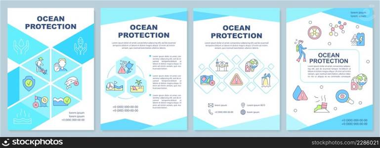 Ocean protection turquoise brochure template. Marine species safety. Leaflet design with linear icons. 4 vector layouts for presentation, annual reports. Arial-Black, Myriad Pro-Regular fonts used. Ocean protection turquoise brochure template