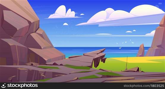 Ocean rocky landscape, sea nature with rocks, green grass and blue water under fluffy clouds and gulls flying in sky. Morning or day time tranquil seascape background, Cartoon vector illustration. Ocean rocky landscape, sea nature with rocks.