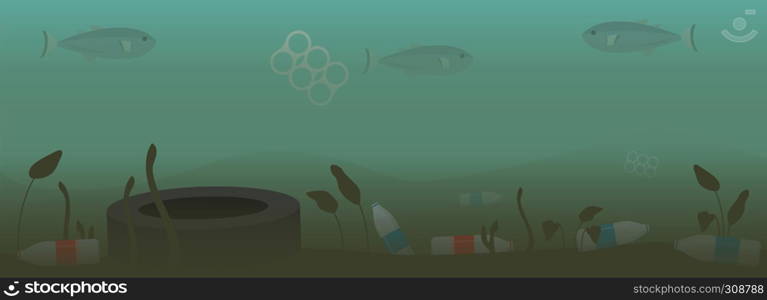 Ocean sea pollution with a tire, plastic bottles, sixpack rings, Dying fish and dirty seawater.