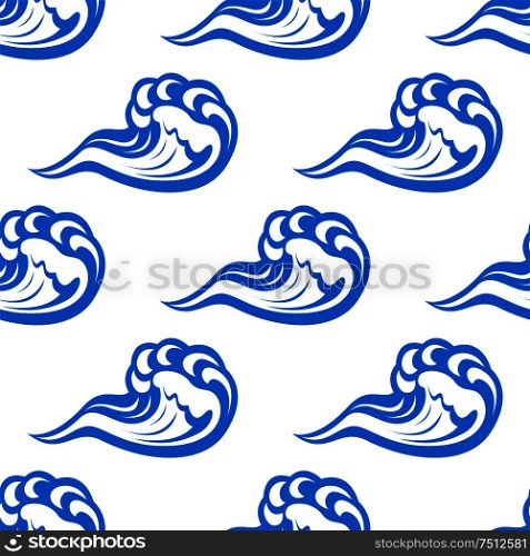 Ocean seamless pattern with cartoon blue waves on white background, for nautical or marine themes design. Blue waves seamless pattern on white