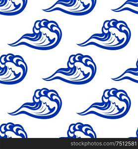 Ocean seamless pattern with cartoon blue waves on white background, for nautical or marine themes design. Blue waves seamless pattern on white