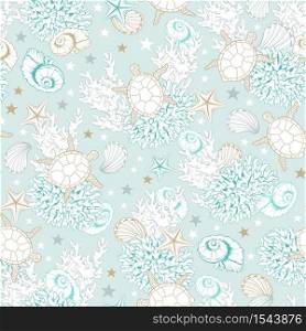 Ocean seashells pattern background, vector sketch line art sea shells, corals and turtles. Underwater marine surface pattern design, engraved design in pastel gold and turquoise color. Marine pattern background, sea shells line art