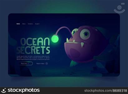 Ocean secrets banner with angler fish under water on bottom. Vector landing page of underwater sea life with cartoon illustration of scary anglerfish with lure and teeth on seafloor. Ocean secrets banner with angler fish on bottom