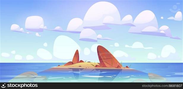 Ocean shallow nature landscape rocky land in clean sea water under fluffy clouds in sky. Rock island morning or day time tranquil seascape view, scenery marine background, Cartoon vector illustration. Ocean shallow nature landscape rocky land in sea