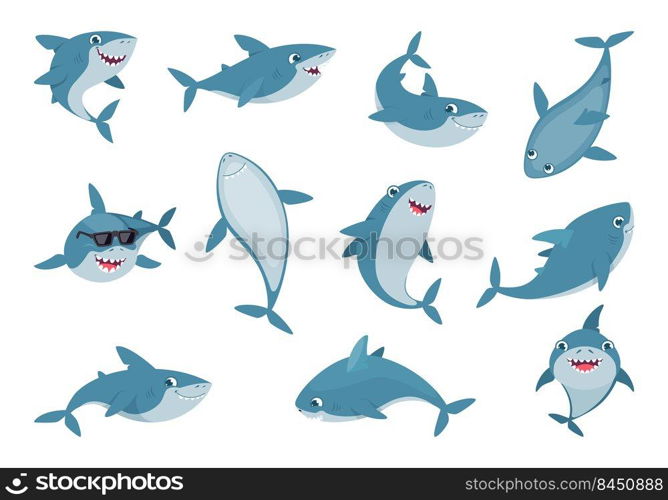 Ocean shark. Cute wild swimming smiling sharks with big white teeth exact vector cartoon illustrations set. Shark wild animal swimming. Ocean shark. Cute wild swimming smiling sharks with big white teeth exact vector cartoon illustrations set