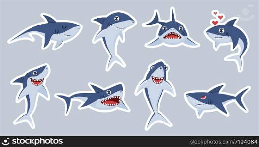 Ocean shark mascot. Happy sharks, scary jaws and underwater swimming cute character, emotions fish for stickers, print patches vector set. Ocean shark mascot. Happy sharks, scary jaws and underwater swimming cute character, emotions fish for stickers, patches vector set