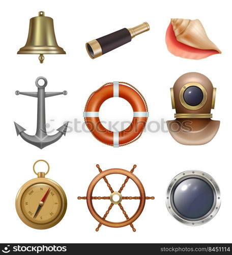 Ocean ship equipment. Sea diving space suit steering wheel steel anchor safety lifebuoy compass decent vector illustration in realistic style. Diving nautical and steering wheel for seafaring. Ocean ship equipment. Sea diving space suit steering wheel steel anchor safety lifebuoy compass decent vector illustration in realistic style