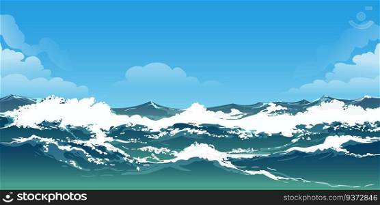 Ocean Stormy Waves Blue Sky and White Clouds Seascape Colored Horizontal Background. Ocean Stormy Waves Blue Sky and White Clouds